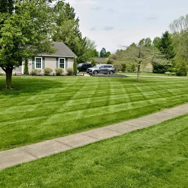 A freshly mowed lawn with crisp, clean edges along the sidewalk